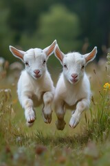 Obraz premium Two playful white baby goats leaping through grassy meadow surrounded by wildflowers and soft-focus forest backdrop. Energetic and joyful nature moment full of charm.
