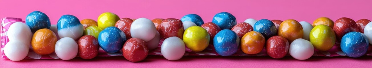 Colorful gumballs on pink background: sweet, fun, vibrant candy display