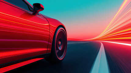 Dynamic red car speeding on road with vibrant light trails