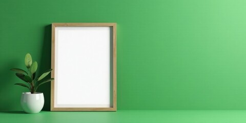 Simple Wooden Frame Mockup with a Potted Plant Against a Green Wall