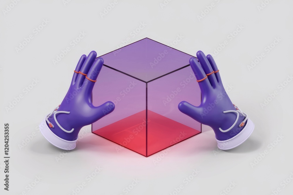 Poster two purple gloved hands gently cradle a transparent cube with a red base.
