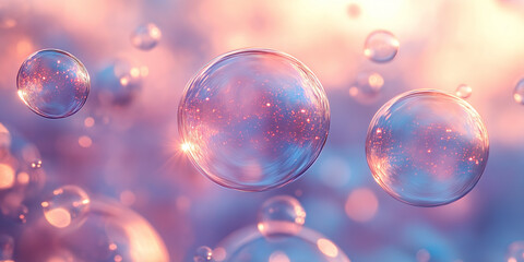 Naklejka premium A burst of soap bubbles floating in a soft, pastel-colored sky, with the sun gently illuminating the edges, creating a surreal, magical feeling, as they shimmer with hues of pink, blue, and violet 