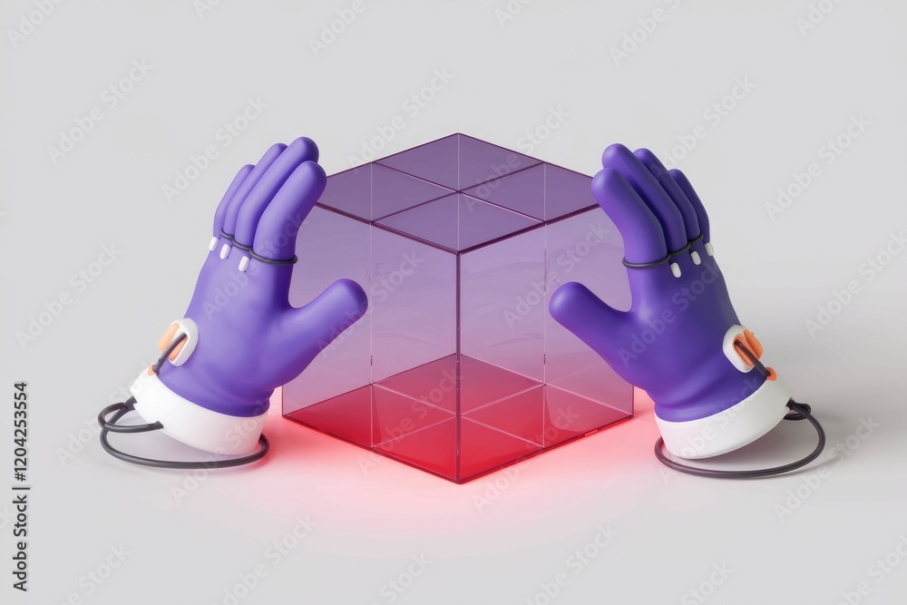 Poster robotic hands gently cradle a translucent cube, showcasing futuristic technology.
