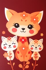 Obraz premium Cute orange mother fox and two kits with flowers.