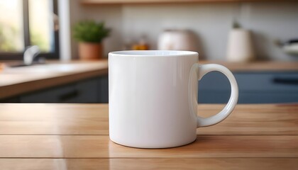 Obraz premium Plain blank white ceramic mug mockup standing on the wooden table