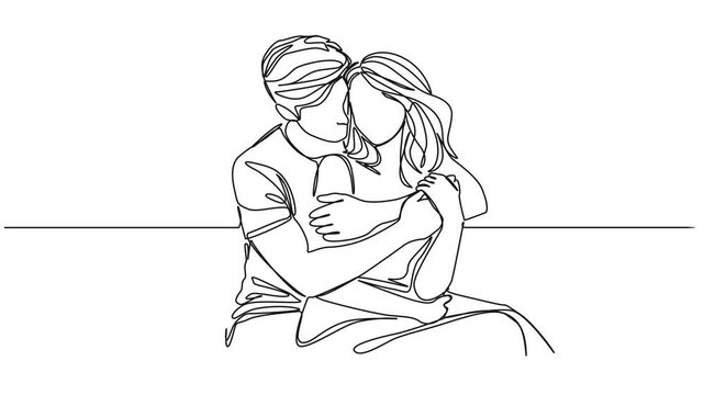 animated continuous single line drawing of couple hugging, man wrapping arms around woman from behind, line art animation