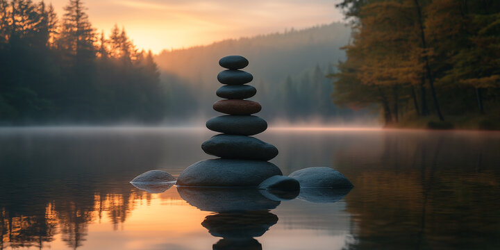 A stack of perfectly aligned flat stones on a serene lake shore, surrounded by trees. The early morning mist rises from the water, and the stones reflect the soft pink and orange hues of the dawn sky 