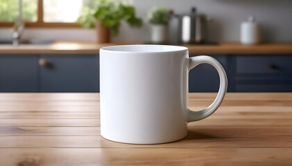 Plain blank white ceramic mug mockup standing on the wooden table
