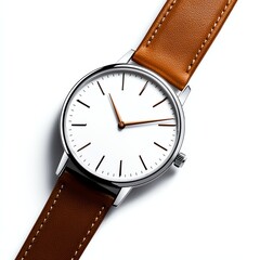A stylish wristwatch with a white face and brown leather strap, perfect for both casual and formal occasions. An elegant accessory that complements any outfit beautifully.