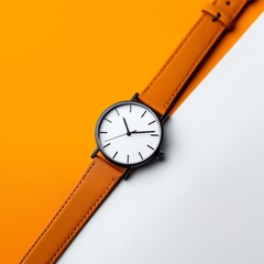 A stylish wristwatch with a sleek black face and vibrant orange strap, placed on a contrasting background. Perfect for highlighting modern fashion and personal accessories.