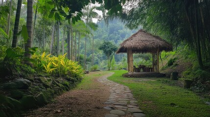 Natural view, green, cool, quiet in the village. Bamboo trees, attractive bamboo twigs and leaves appear, green and yellow, in an orderly and natural arrangement, in a rural garden,