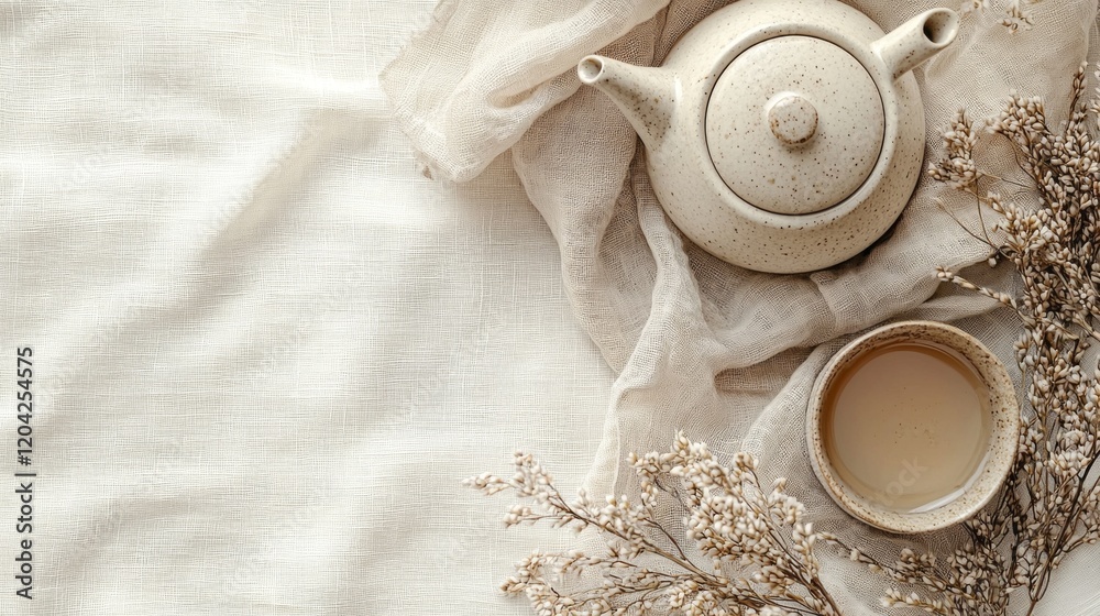 Poster a delicate ceramic teapot rests beside a matching cup on soft neutral fabric, surrounded by wispy dr