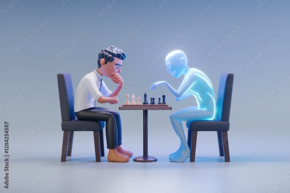 Poster a man plays chess against a translucent ai opponent, symbolizing human vs. artificial intelligence c