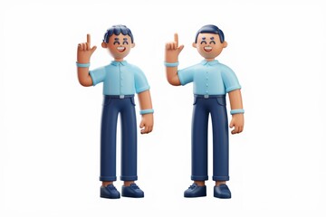Two cheerful 3D cartoon men in blue shirts and pants, pointing upwards with a joyful expression.