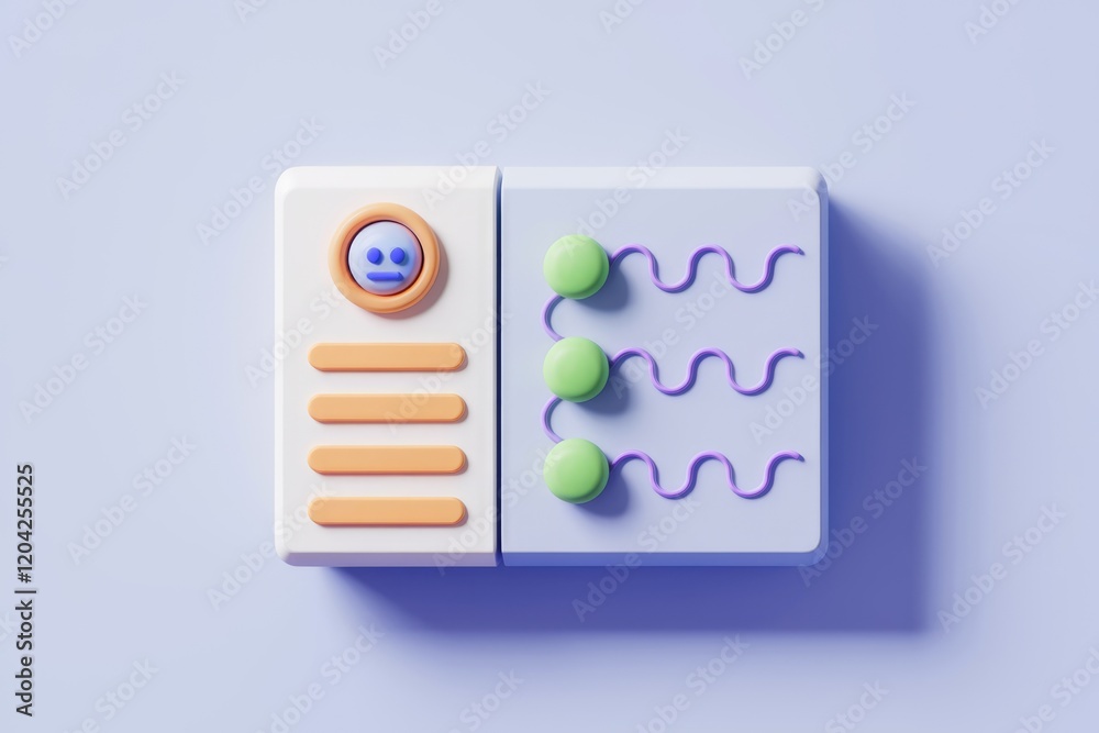 Poster Abstract 3D render of a pastel-colored interface with a neutral facial expression and wavy lines.