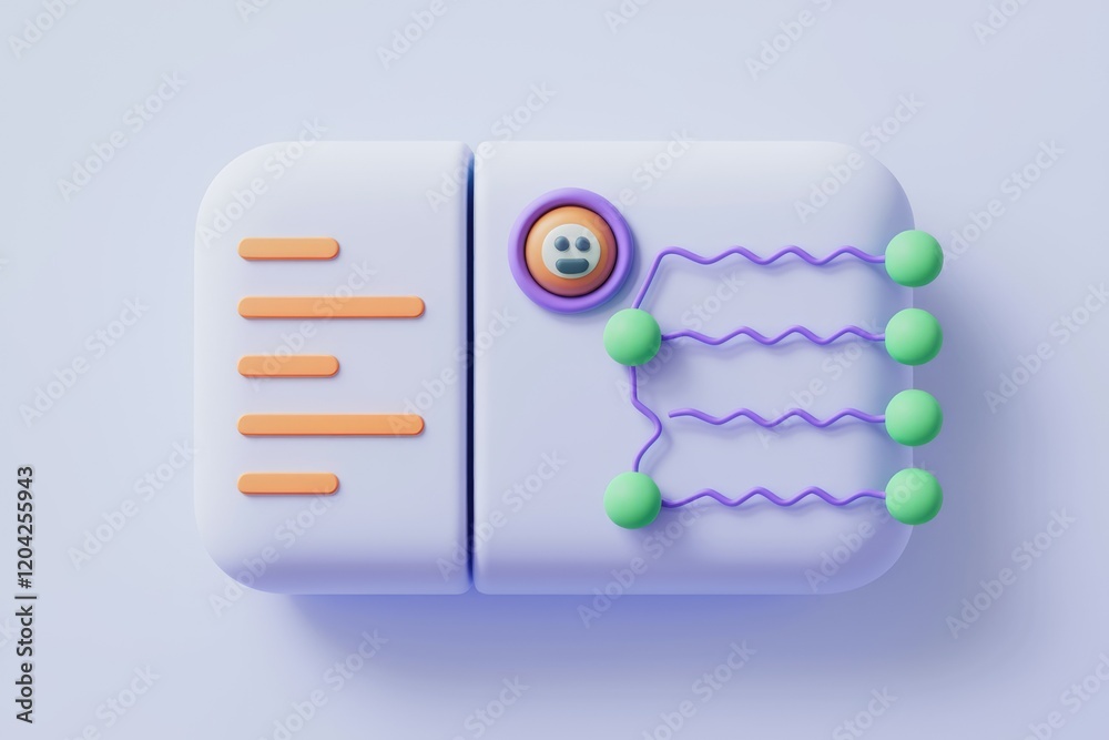 Aufkleber Abstract 3D rendering of a user interface element with a happy face, list, and nodes connected by wavy lines.