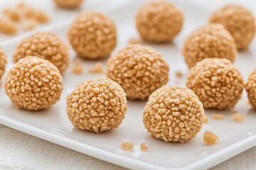 Golden Oat Energy Balls on White Square Plate