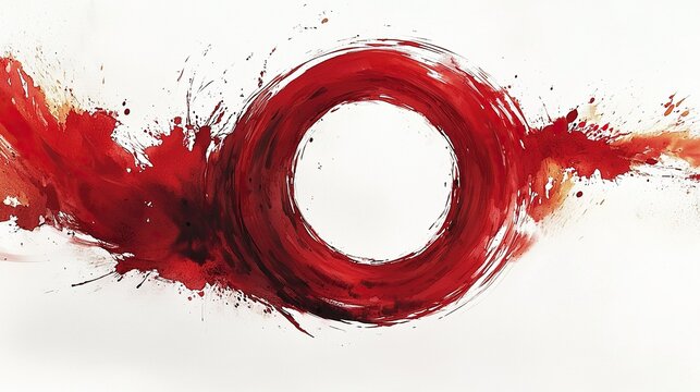 Red circular brushstroke with splatters on white background.