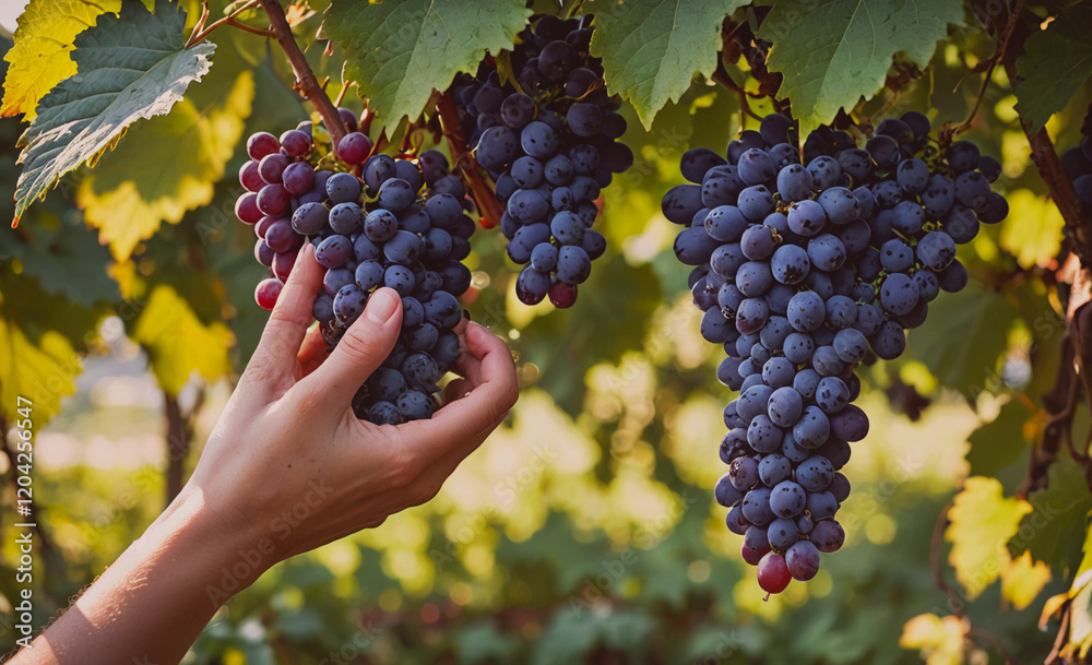 Poster a hand is reaching for a bunch of grapes. the grapes are ripe and ready to be picked. concept of abu