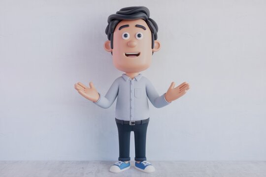 A friendly 3D cartoon man with open arms, ready to welcome or explain something.