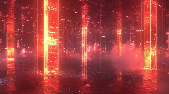 Red digital city with glowing pillars, smoky atmosphere, reflective floor.