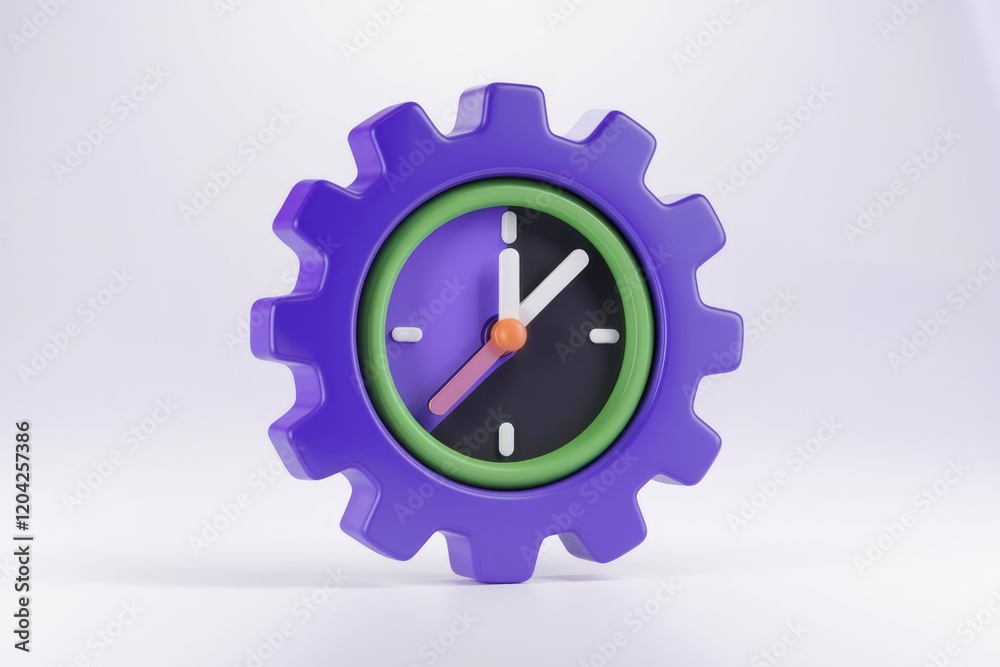 Poster A 3D rendering of a purple gear with a clock embedded, symbolizing time management and productivity.