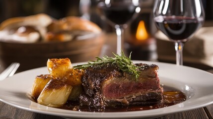 Gourmet Steak Dinner with Roasted Potatoes and Red Wine