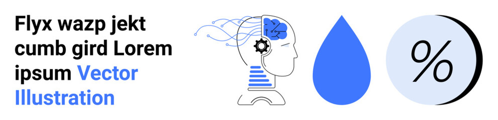 Human head with brain gear, blue water droplet, and percentage symbol. Ideal for technology, neuroscience, fluid dynamics, mathematics, education, engineering, and templates. Landing page