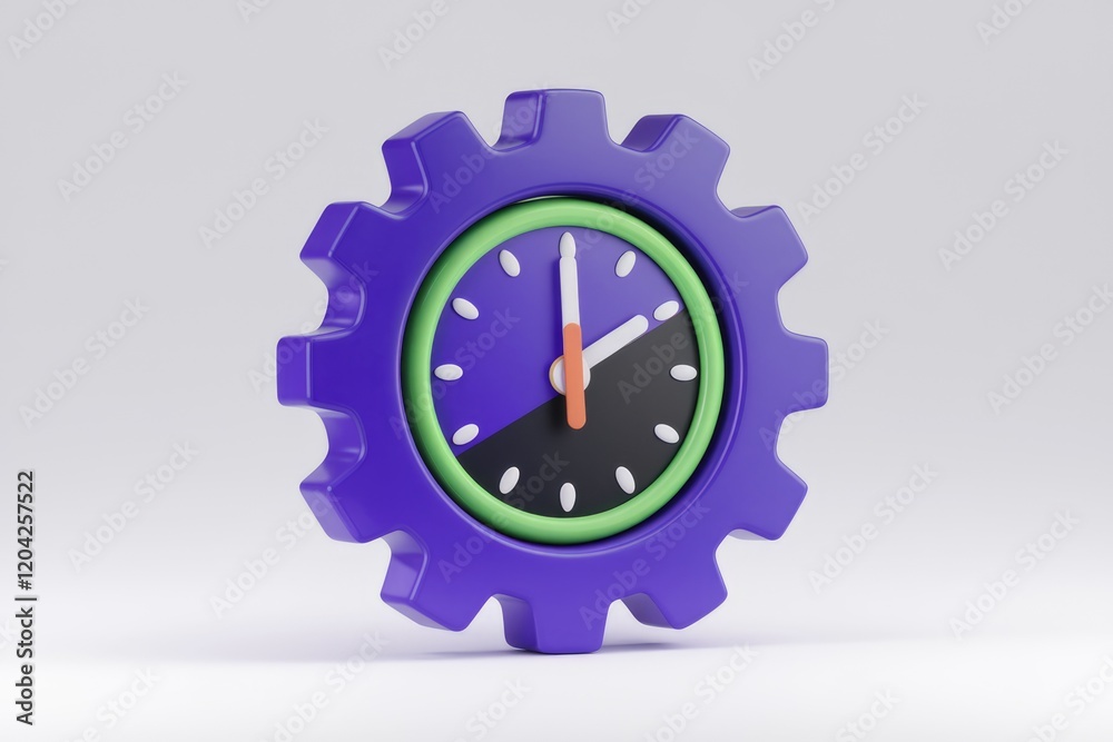 Poster a purple gear with a clock face, symbolizing time management and efficiency in processes.