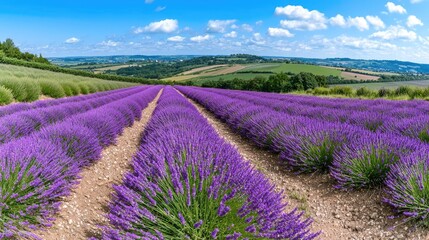 Lavender field panoramic view, summer, rural landscape, sunny day, tourism