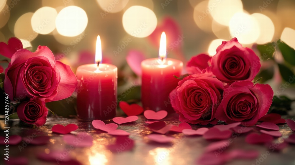 Aufkleber romantic candlelight setting with roses and heart shapes creates a cozy atmosphere for a special occ