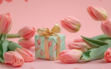 A luxurious bouquet of pink tulips and a small gift box wrapped in pastel paper with a golden bow, placed on a light pink background for Valentines Day and 8 March