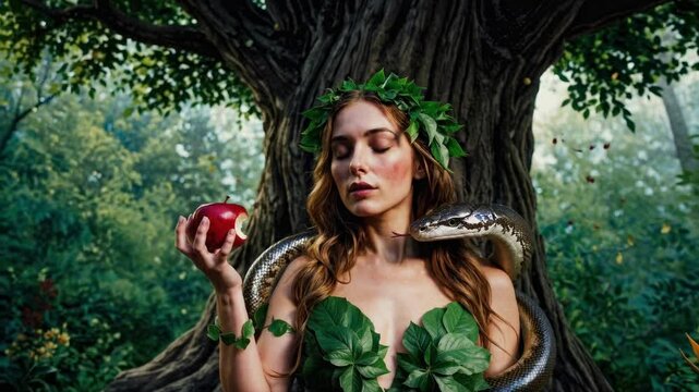 Eve Holding Bitten Apple With Snake Wrapped Around Her, Tree of Knowledge, Garden Of Eden Concept, Genesis Good and Evil Video 4K
