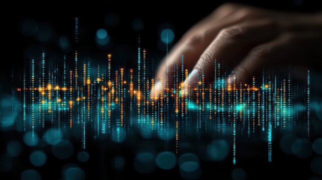 Female hand interacting with digital binary code and technology interface