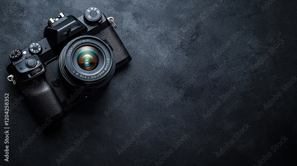 Poster an elegant camera rests on a textured black background, showcasing its intricate features and inviti