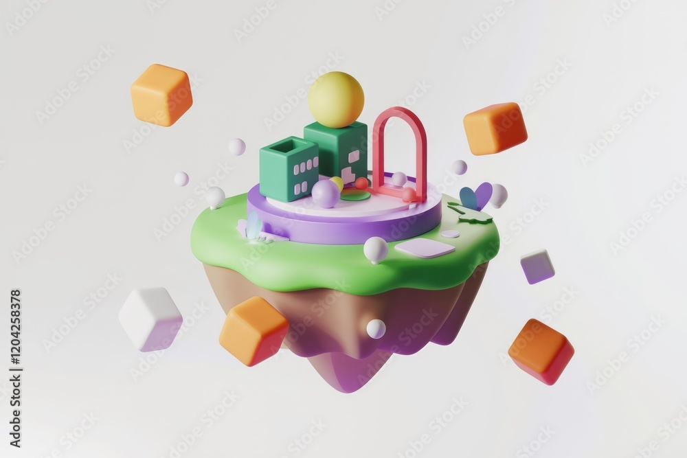 Poster a whimsical 3d rendering of a miniature island with colorful buildings, floating cubes, and playful 