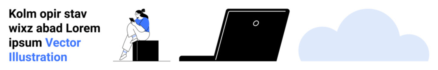 Remote worker sitting on a box using a laptop, indicating digital work and cloud storage. Ideal for work-from-home, digital workspace, technology, cloud computing, online collaboration, remote