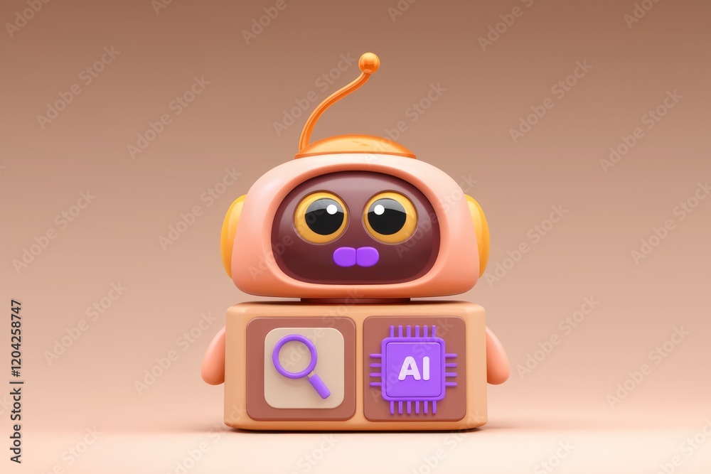 Poster Cute AI robot with search and AI chip icons, 3D render.