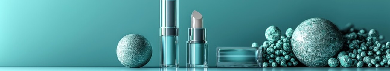 Obraz premium Elegant blue cosmetic set with lipstick and skincare bottles on aqua background