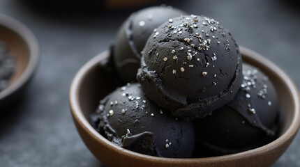 Fototapeta premium Creamy charcoal ice cream in a bowl, with a smooth, glossy texture. The ice cream has a dark, rich color, topped with a sprinkle of edible silver dust. 