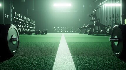 Empty gym with barbells on green turf	