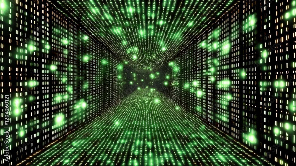 Wall mural high-tech digital matrix with flowing green code in dark 3d environment