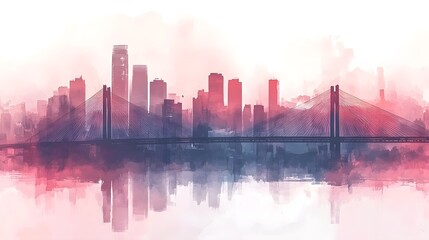 Obraz premium Magnificent Pink Cityscape with Dramatic Sunset Skyline and Reflection on River