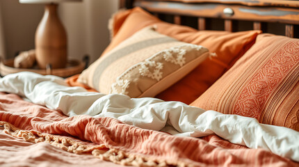 Cozy Bedroom Decor:  Rustic Orange Bedding and Pillows.  Create a relaxing and comfortable sleep sanctuary with this warm, inviting aesthetic.