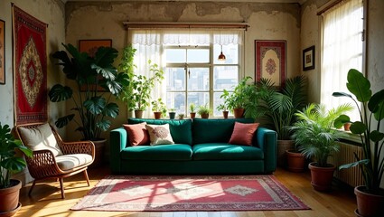 A vibrant studio with eclectic decor, patterned textiles, and an array of indoor plants, showcasing a bohemian vibe.