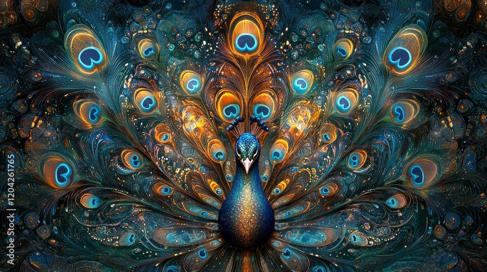 Poster A peacock presents its stunning feathers, showcasing an array of intricate patterns in vibrant shades of blue, green, and gold. The captivating design flows beautifully, embodying nature's artistry