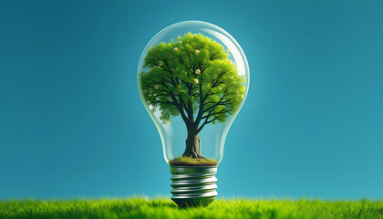 Tree inside a lightbulb, Renewable green energy ecology concept, Carbon CO2 emissions neutrality 2050, mindfulness theme, with white tones