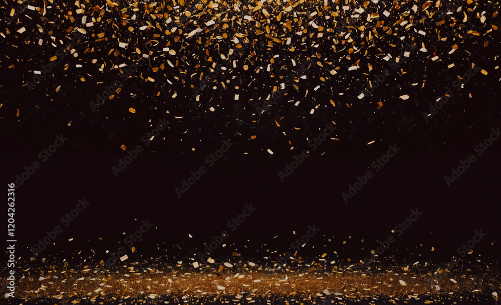 Aufkleber a black background with gold confetti falling from the sky. the confetti is scattered all over the b