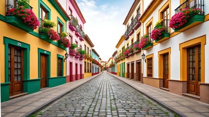 Vibrant Colorful Street, Cobblestone Road, Spanish Architecture, Flower Boxes, Sunny Day