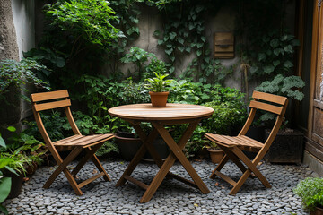 Obraz premium Peaceful garden patio with wooden table and chairs.